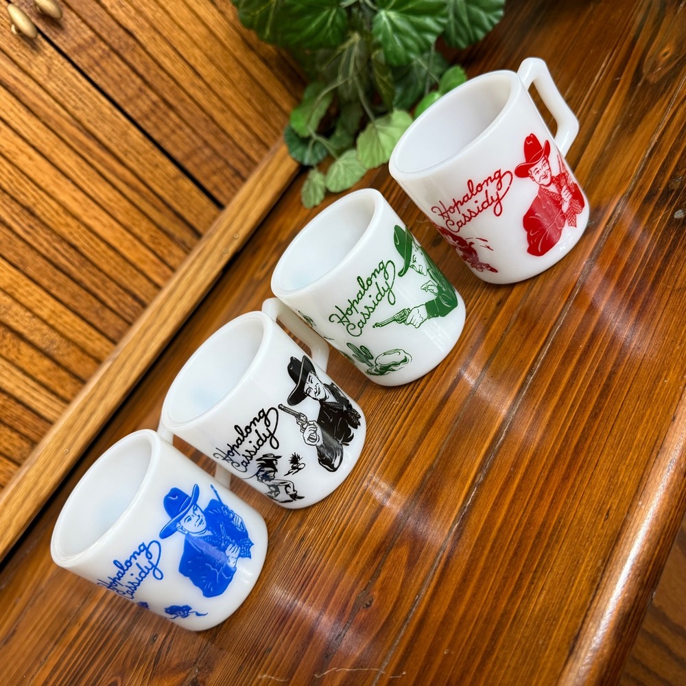 Hazel Atlas Hopalong Cassidy Milk Glass Mugs Set 4 Multicolor Excellent Western